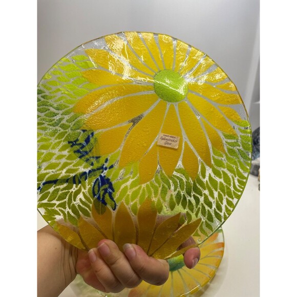 Sydenstricker Fused Glass Plate Handmade signed Orange Flower & Dragonfly - Picture 8 of 9